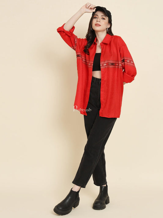 Pashtush India Womens Shirt Pashtush Womens Oversized Casual Woollen Shirt, Red