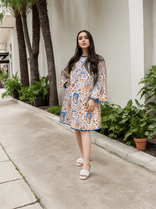 Pashtush India Womens Shirt Pashtush Womens Oversized Ruffled Shirt Dress, Chanting Paisleys