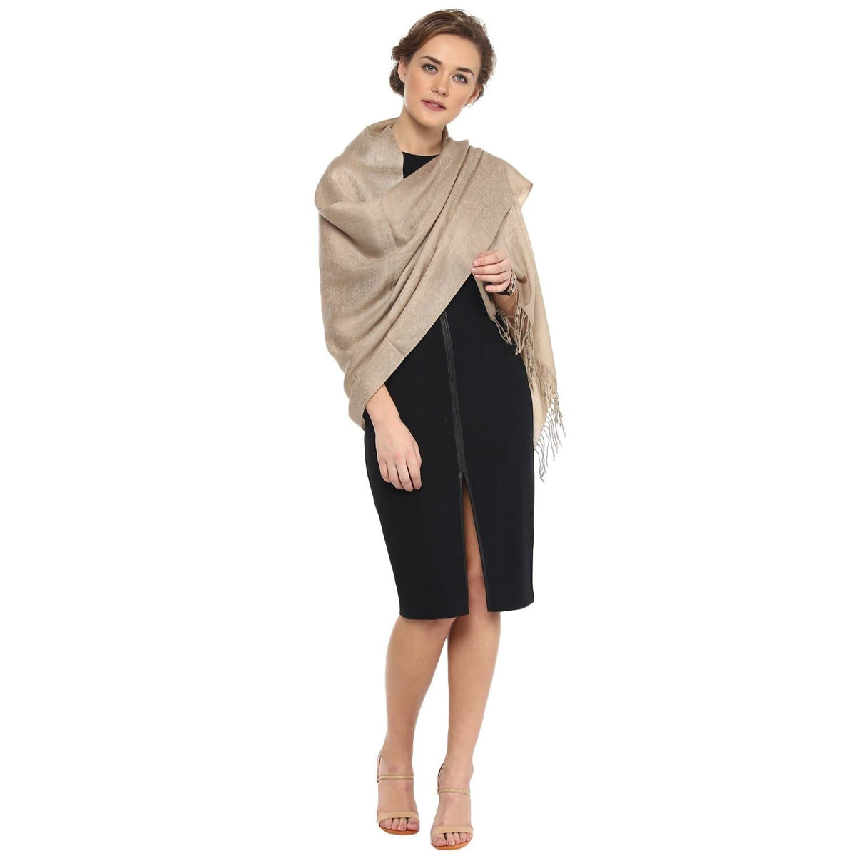 Pashtush India 70x200 Pashtush Womens Paisley Weave Scarf, Soft and Warm, Luxury Wool - Beige