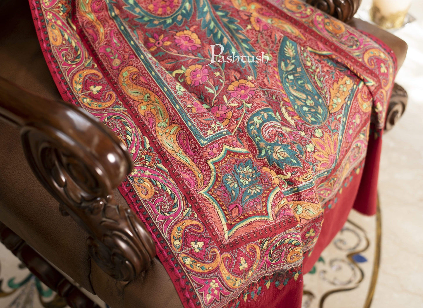 Pashtush India 100x200 Pashtush Womens Papier Mache Embroidered Jamawar Stole, Fine Wool, Soft and Warm