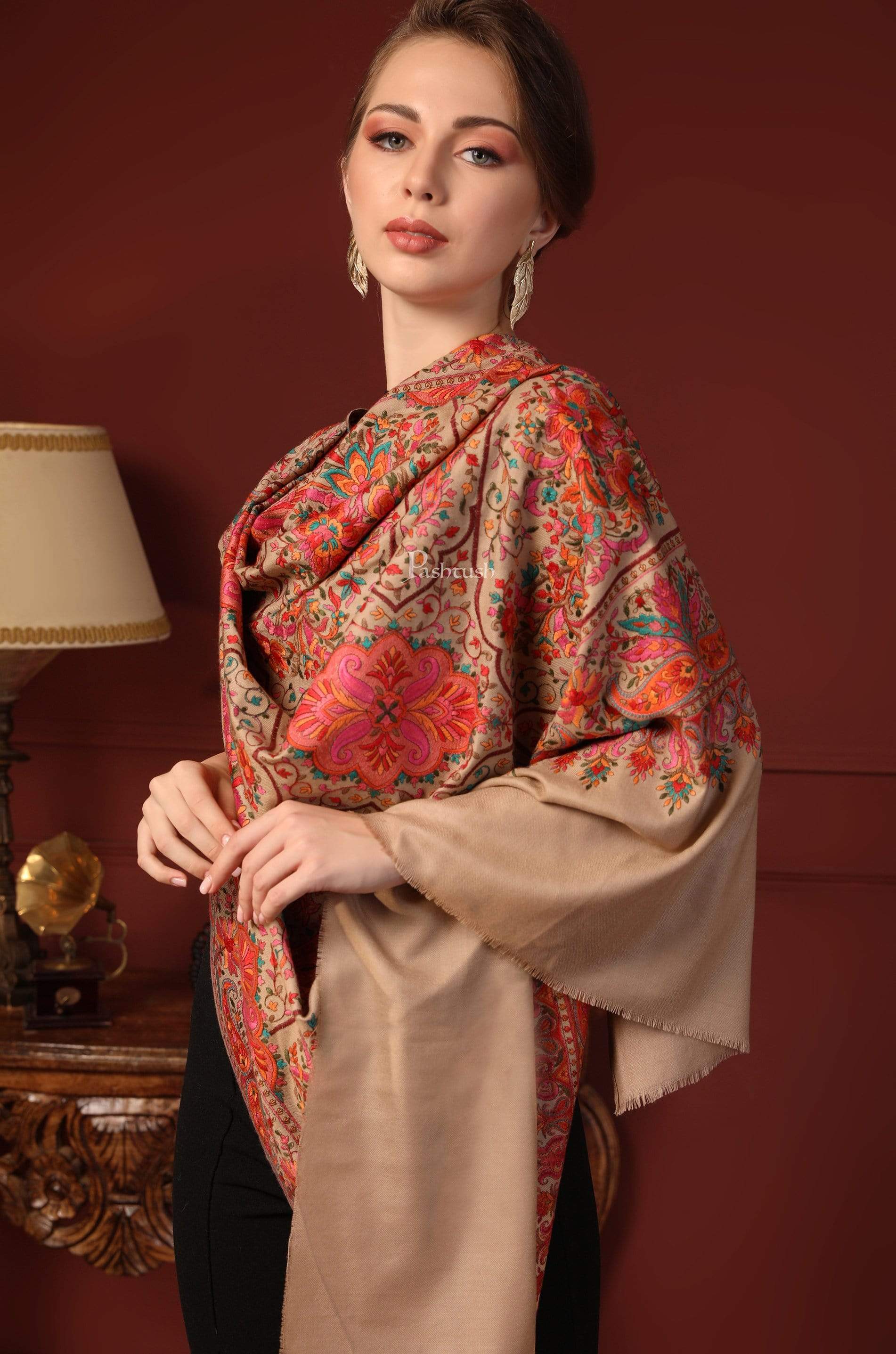 Pashtush India 100x200 Pashtush Womens Papier-mâché Embroidered Shawl, Fine Wool with Silky Embroidery