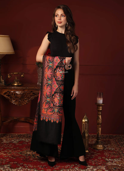 Pashtush India 100x200 Pashtush Womens Papier-mâché Embroidered Shawl, Fine Wool with Silky Embroidery, Black