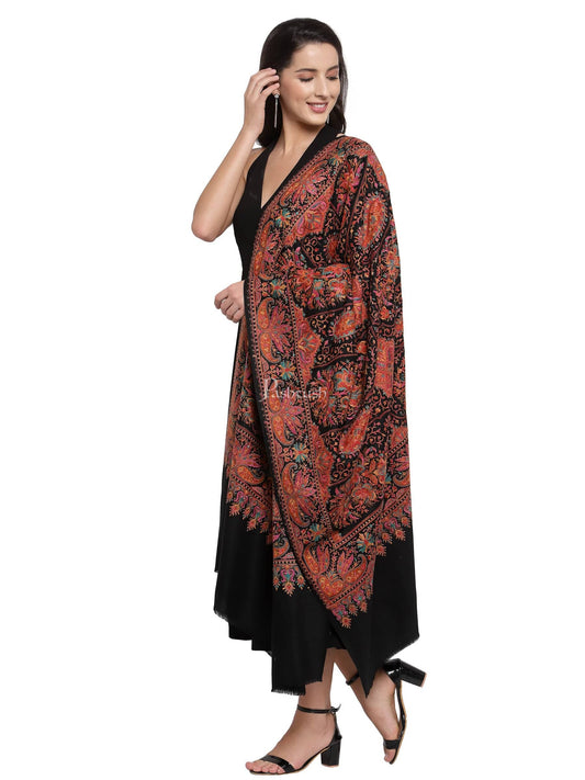 Pashtush India Womens Shawls Pashtush Womens Papier-MâChé Embroidered Shawl, Fine Wool With Silky Embroidery, Black