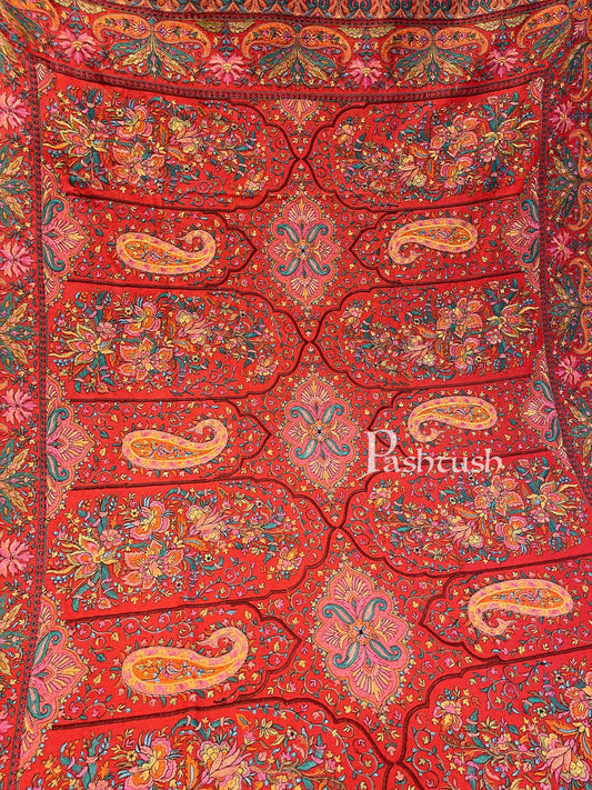 Pashtush India 100x200 Pashtush Womens Papier-mâché Embroidered Shawl, Fine Wool with Silky Embroidery, Scarlet Red