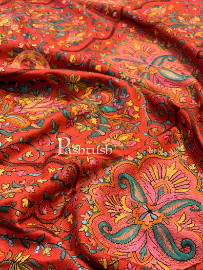 Pashtush India 100x200 Pashtush Womens Papier-mâché Embroidered Shawl, Fine Wool with Silky Embroidery, Scarlet Red