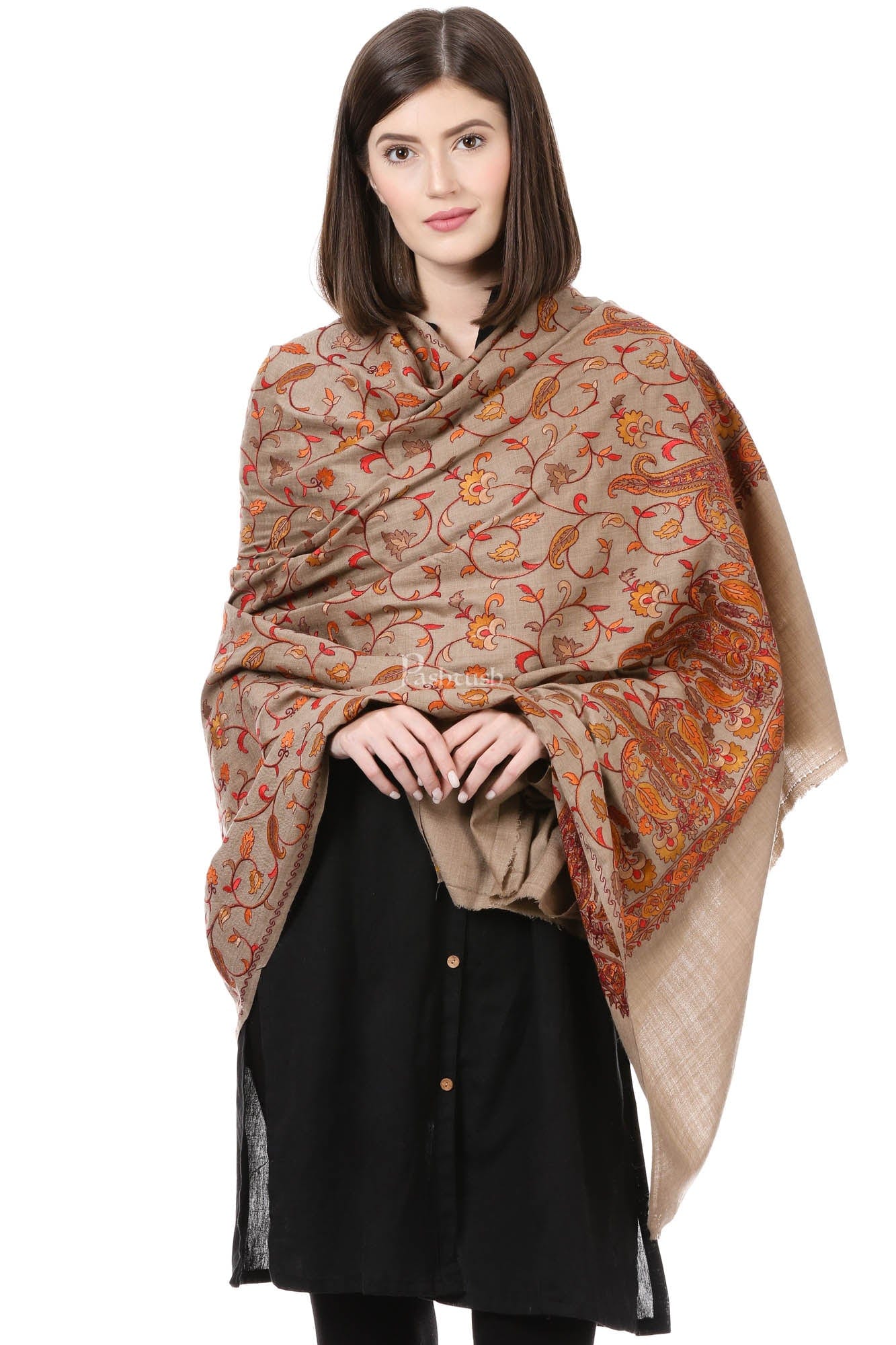 Pashtush India Womens Shawls Pashtush Womens Papier Machè Embroidery Jaal Shawl - Dusk