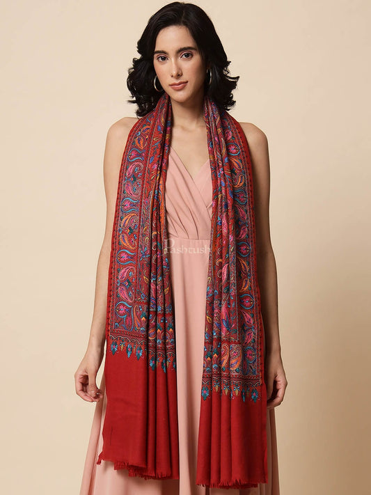 Pashtush India Womens Shawls Pashtush Womens Papier Machè Embroidery Jaal Shawl, Extra Fine Wool - Crimson