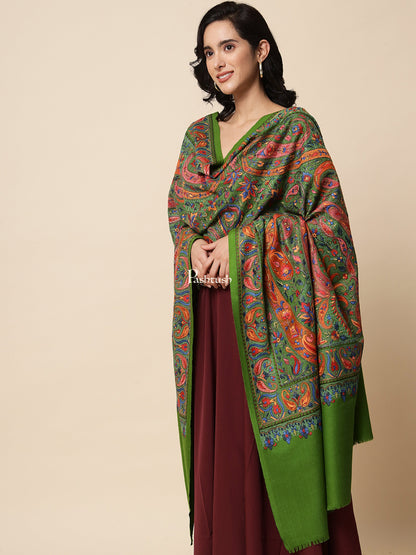 Pashtush India Womens Shawls Pashtush Womens Papier Machè Embroidery Jaal Shawl, Extra Fine Wool - Emerald Green