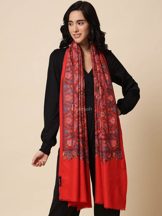 Pashtush India Womens Shawls Pashtush Womens Papier Machè Embroidery Jaal Shawl, Extra Fine Wool - Scarlet Red