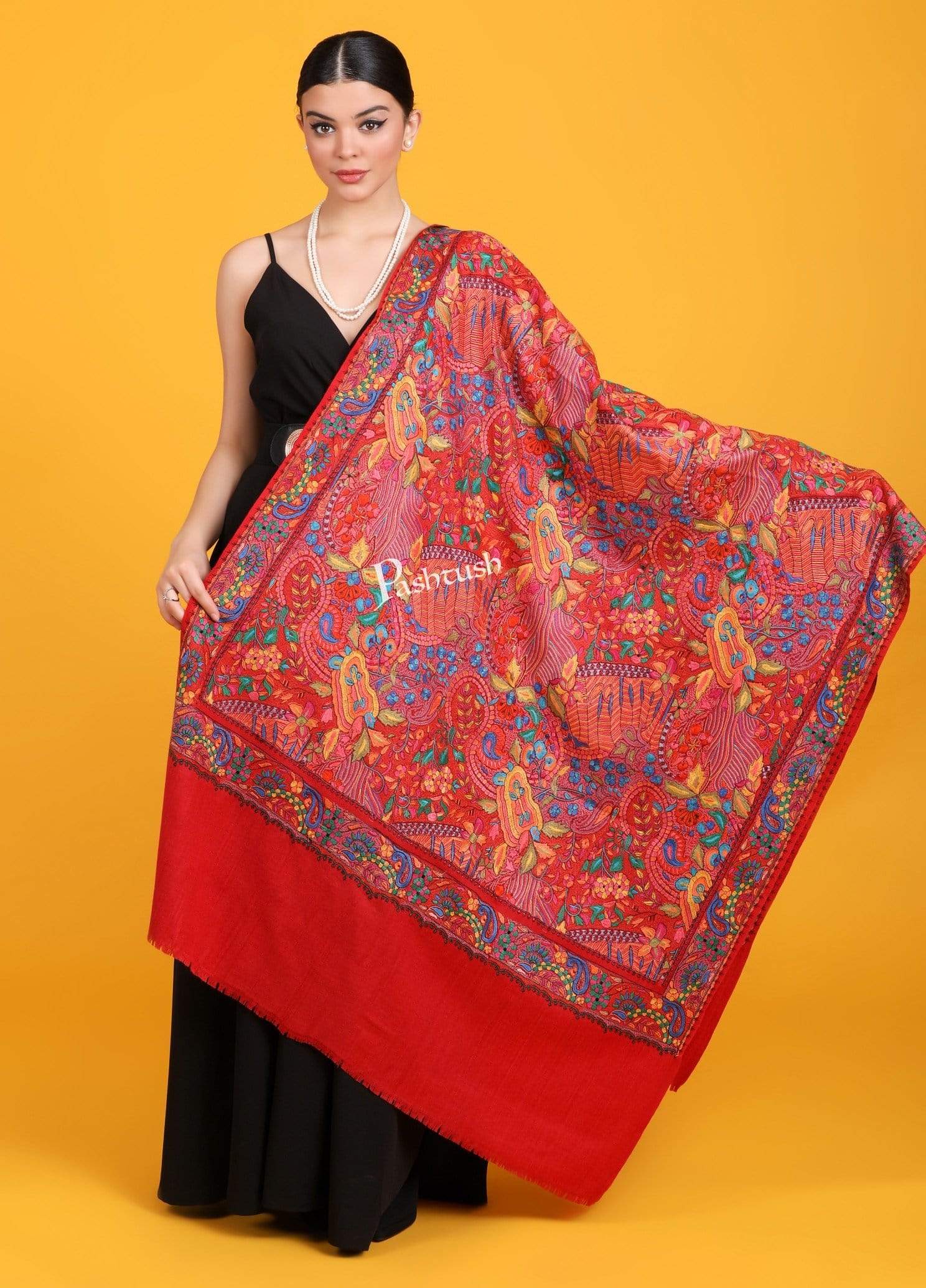Pashtush India Shawl Pashtush Womens Papier Machè Embroidery Jaal Shawl - Fine Pure Wool