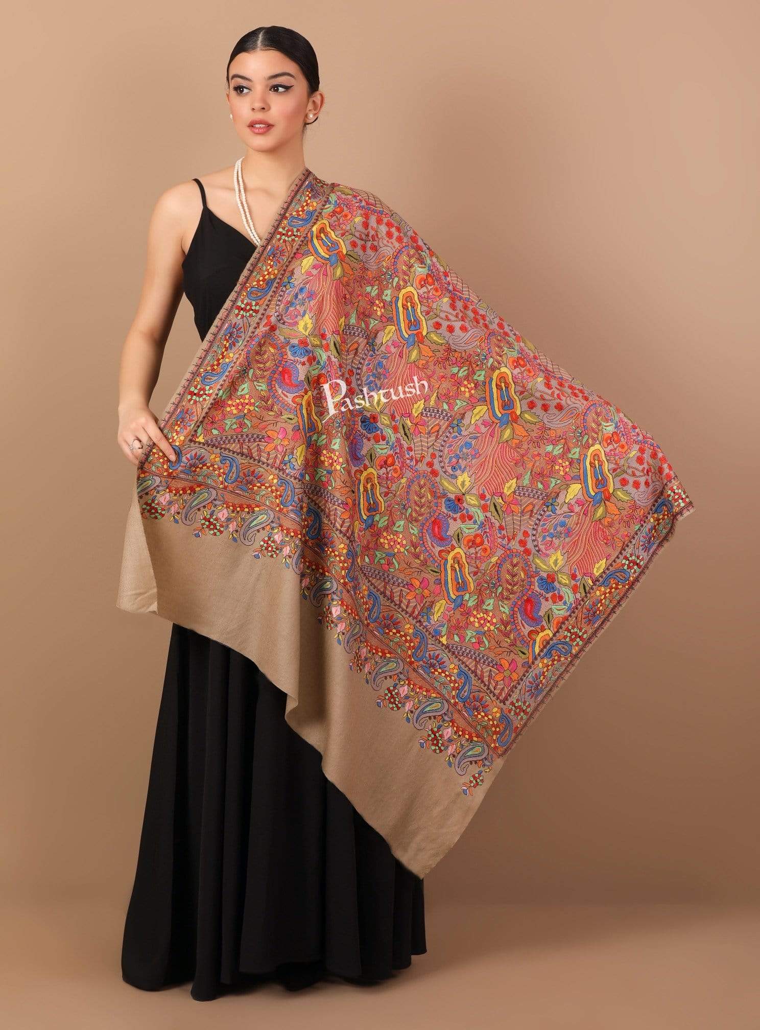Pashtush India Shawl Pashtush Womens Papier Machè Embroidery Jaal Shawl - Multicoloured