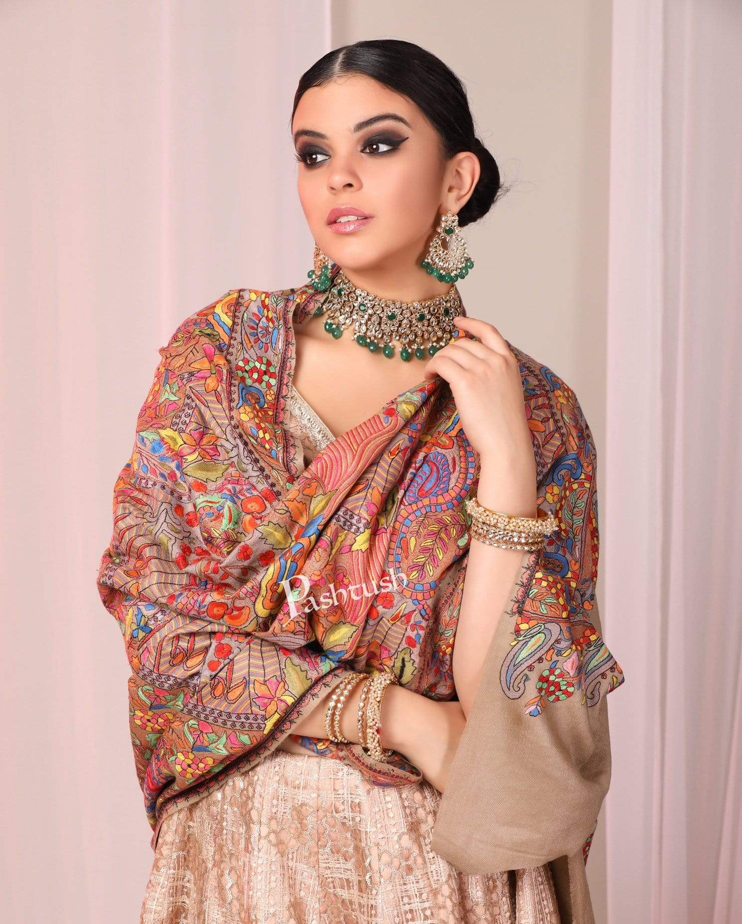 Pashtush India Shawl Pashtush Womens Papier Machè Embroidery Jaal Shawl - Multicoloured