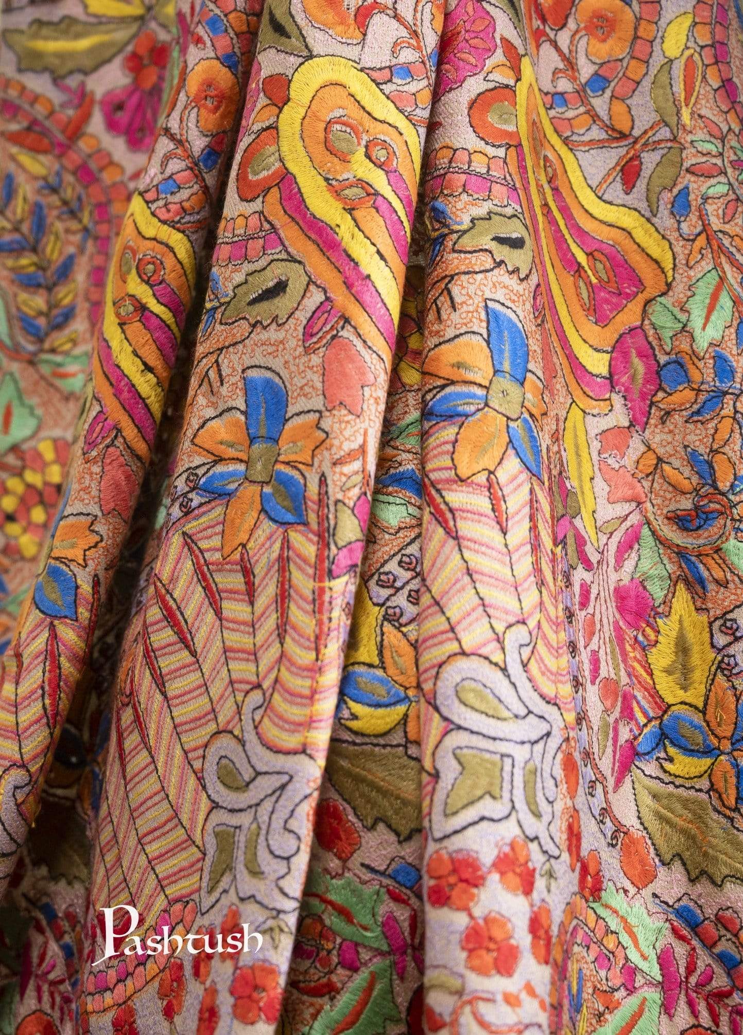 Pashtush India 100x200 Pashtush Womens Papier Machè Embroidery Jaal Shawl - Multicoloured