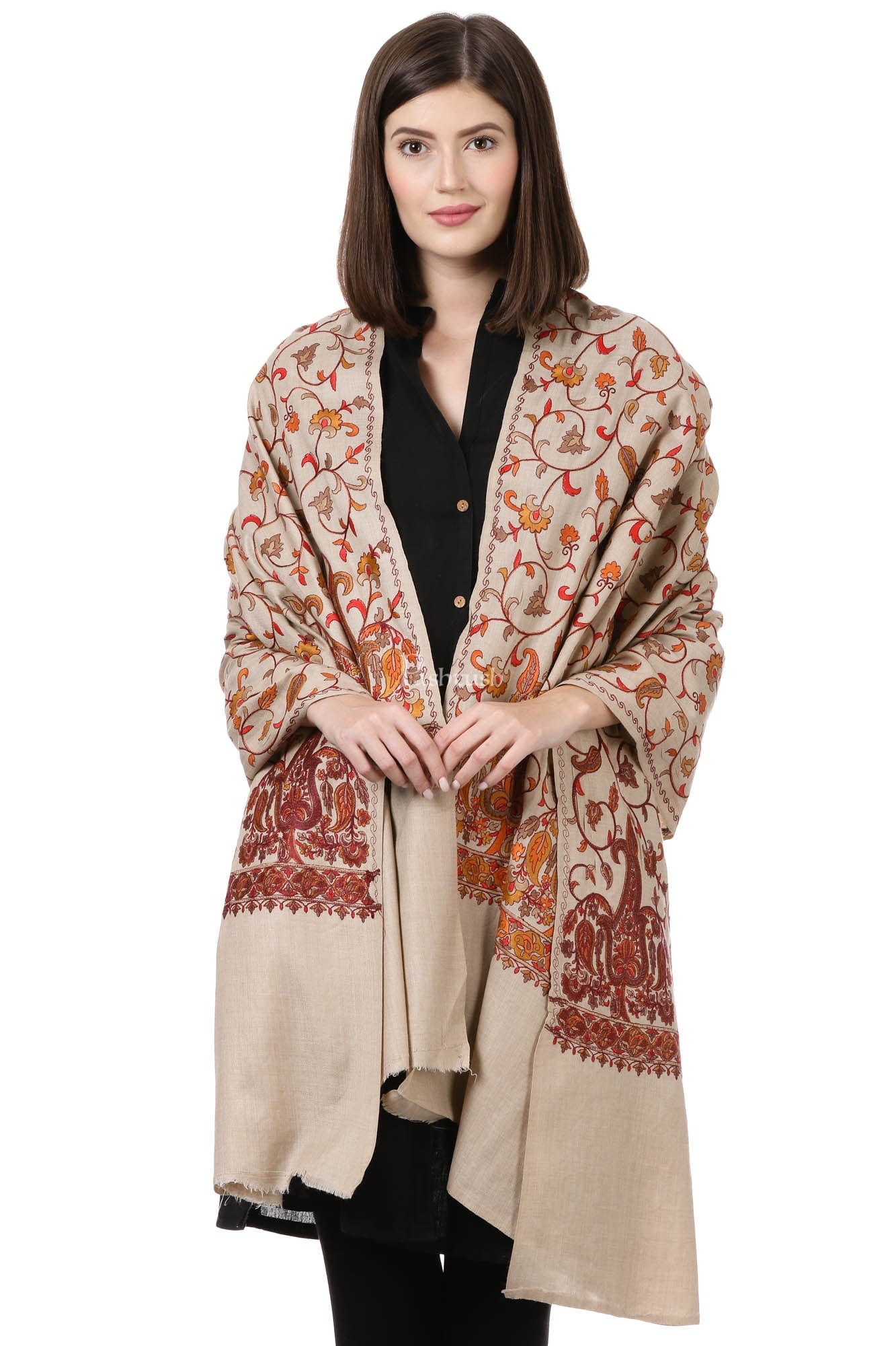 Pashtush India Womens Shawls Pashtush Womens Papier Machè Embroidery Jaal Shawl - Sahara