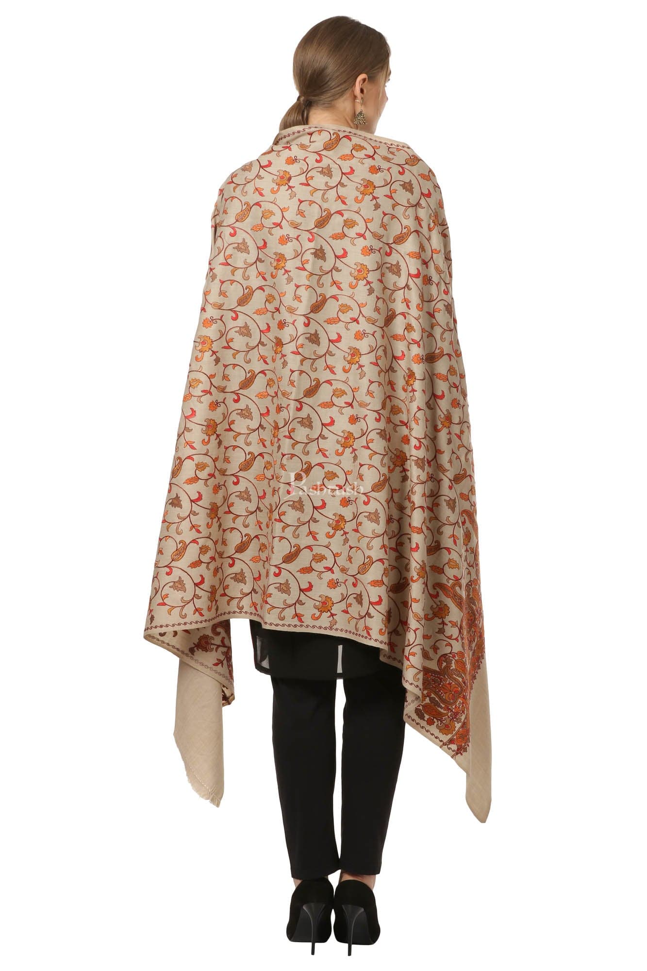 Pashtush India Womens Shawls Pashtush Womens Papier Machè Embroidery Jaal Shawl - Taupe