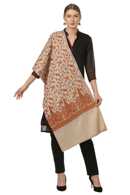 Pashtush India Womens Shawls Pashtush Womens Papier Machè Embroidery Jaal Shawl - Taupe