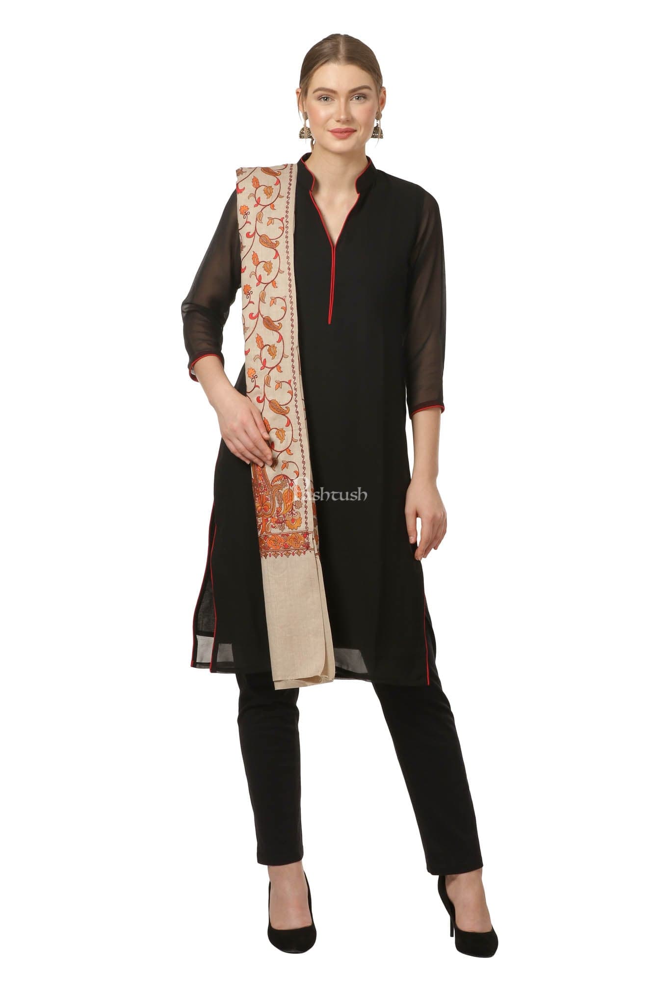 Pashtush India Womens Shawls Pashtush Womens Papier Machè Embroidery Jaal Shawl - Taupe