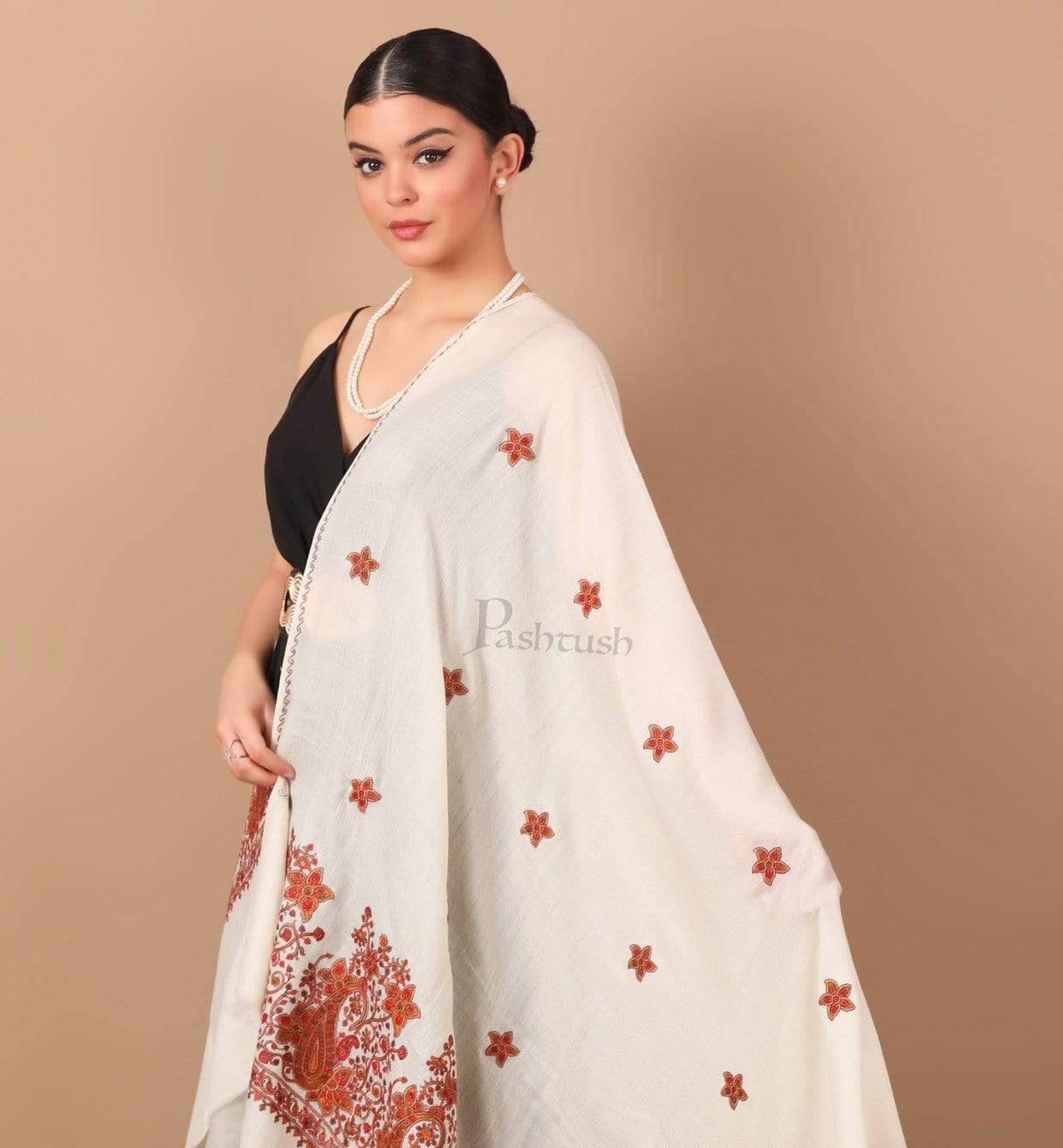 Pashtush India Shawl Pashtush Womens Papier Machè Embroidery Palla Shawl - Ivory