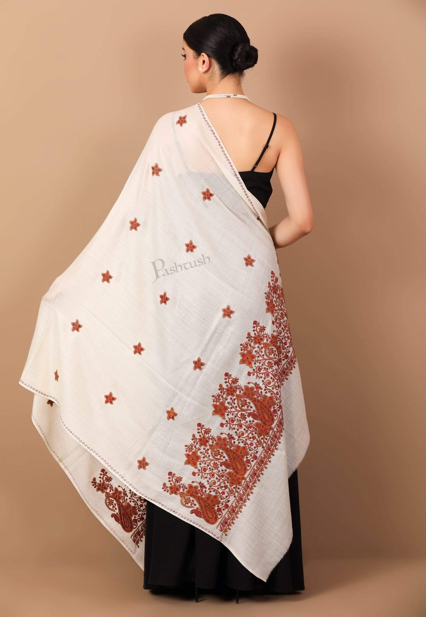Pashtush India Shawl Pashtush Womens Papier Machè Embroidery Palla Shawl - Ivory