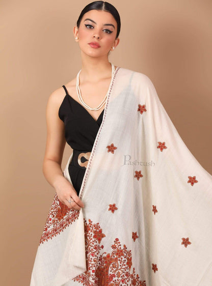 Pashtush India Shawl Pashtush Womens Papier Machè Embroidery Palla Shawl - Ivory