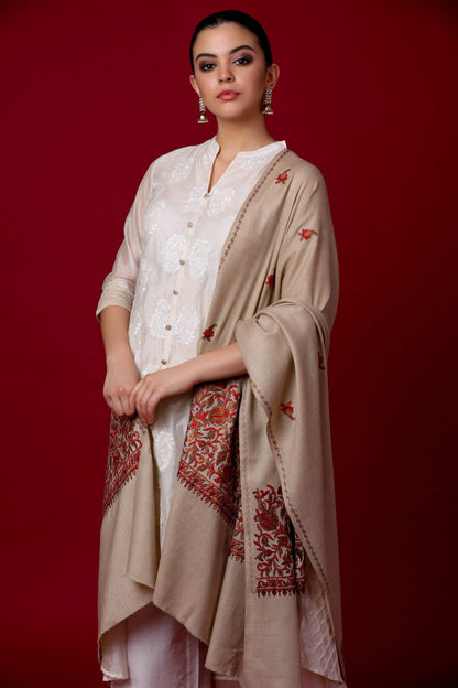 Pashtush India Shawl Pashtush Womens Papier Machè Embroidery Palla Shawl - Taupe