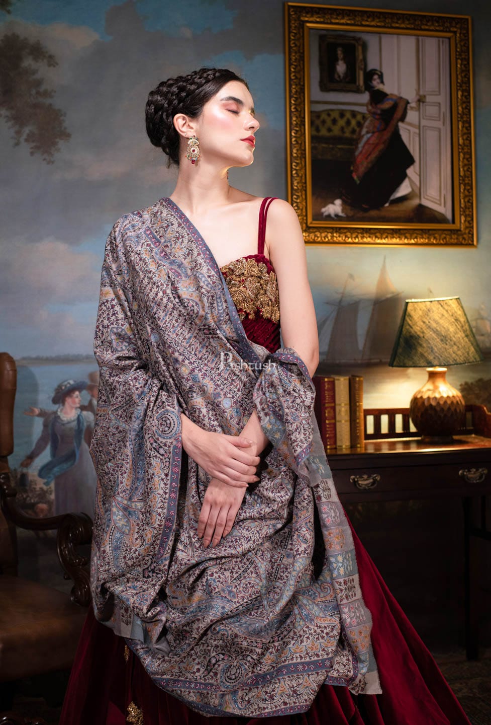 Pashtush India Womens Shawls Pashtush Womens Pashmina, Hand Embroidered Hand Painted Kalamkari Shawl, Multicolour