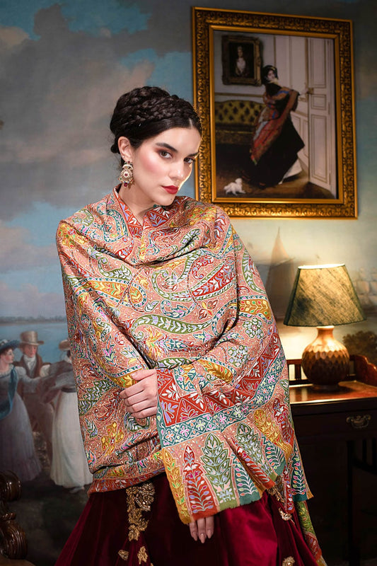 Pashtush India Womens Shawls Pashtush Womens Pashmina, Hand Embroidered Hand Painted Kalamkari Shawl, Multicolour