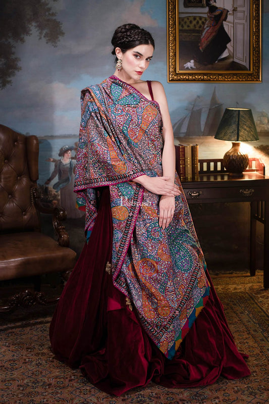Pashtush India Womens Shawls Pashtush Womens Pashmina, Hand Embroidered Hand Painted Kalamkari Shawl, Multicolour