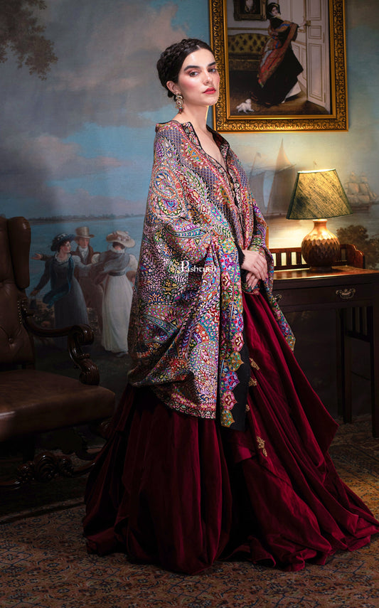 Pashtush India Womens Shawls Pashtush Womens Pashmina, Hand Embroidered Hand Painted Kalamkari Shawl, Multicoloured