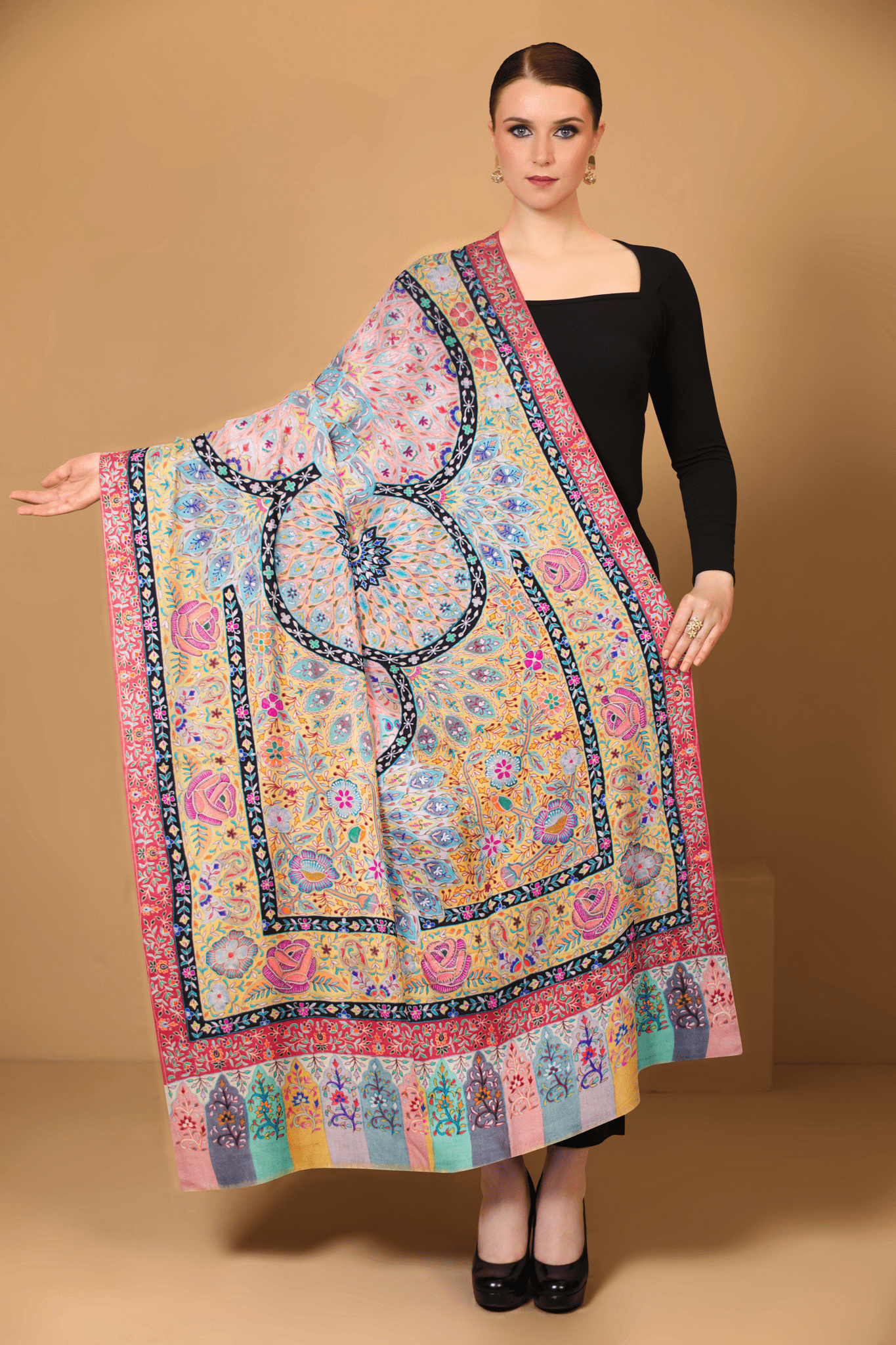 Pashtush India Womens Shawls Pashtush Womens Pashmina Handmade Kalamkari Shawl, Multicoloured