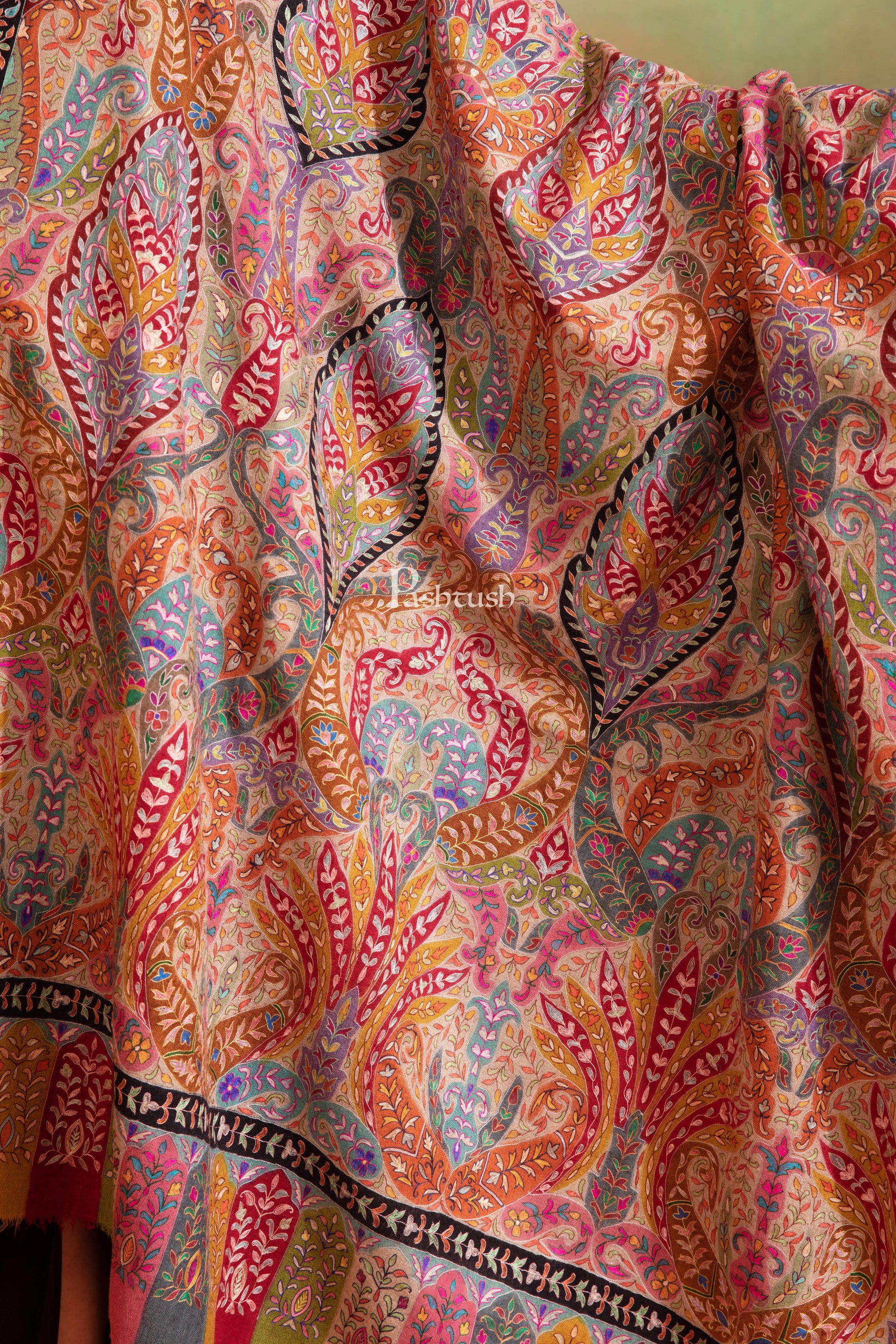 Pashtush India Womens Shawls Pashtush Womens Pashmina Kalamkari Shawl, Hand Painted And Embroidered Kalamkari, Hand Woven