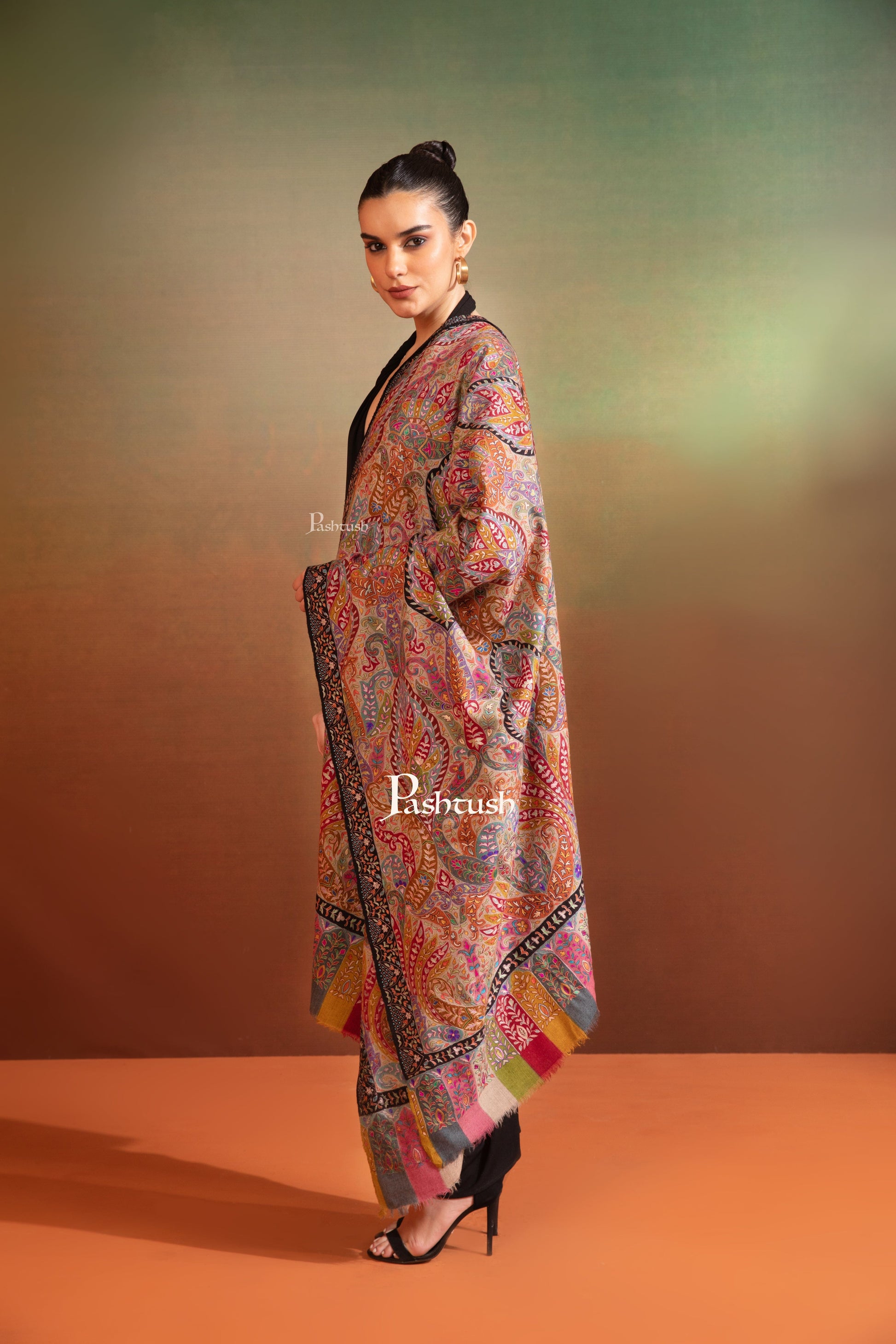 Pashtush India Womens Shawls Pashtush Womens Pashmina Kalamkari Shawl, Hand Painted And Embroidered Kalamkari, Hand Woven