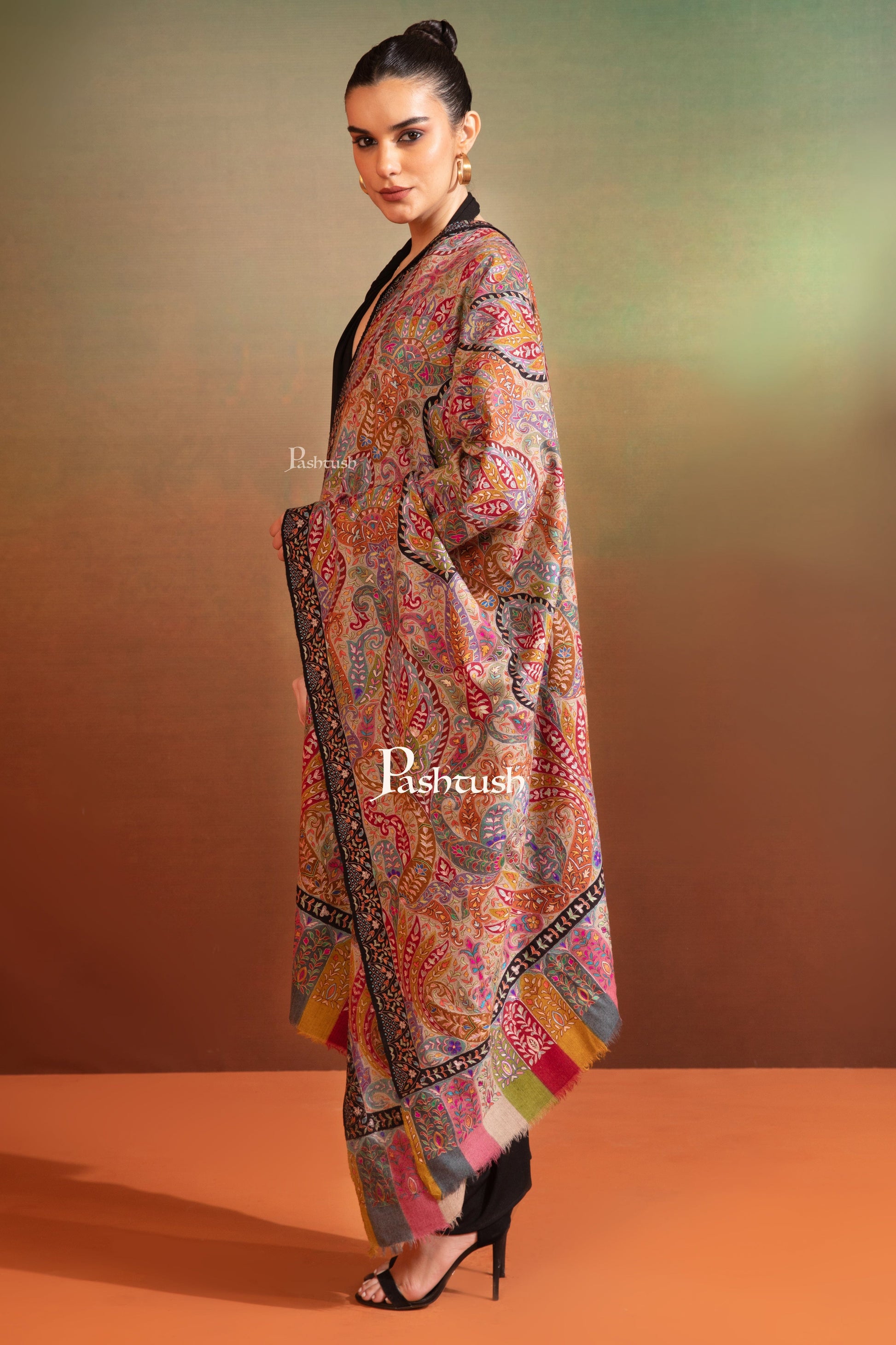 Pashtush India Womens Shawls Pashtush Womens Pashmina Kalamkari Shawl, Hand Painted And Embroidered Kalamkari, Hand Woven