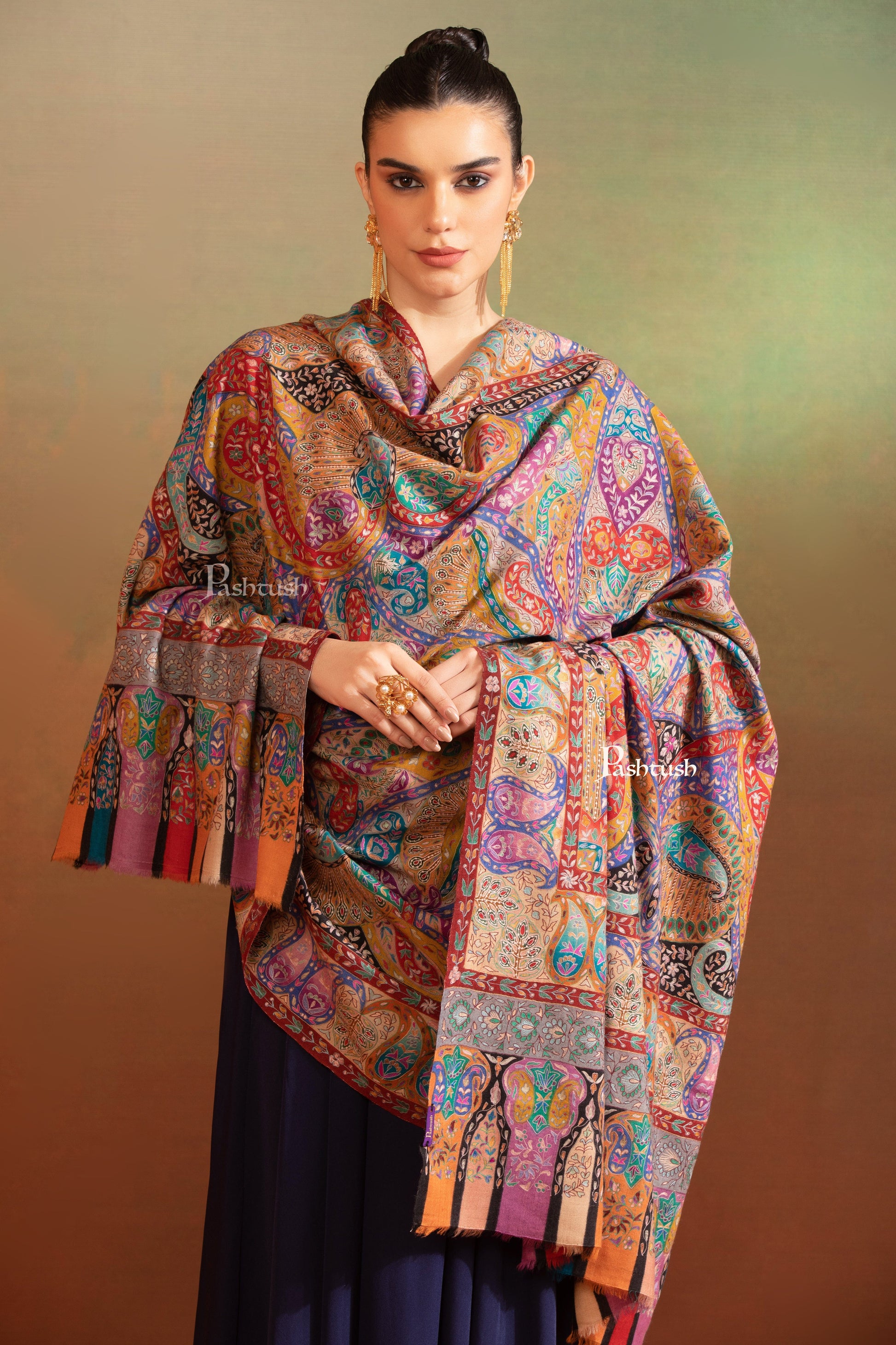 Pashtush India Womens Shawls Pashtush Womens Pashmina Kalamkari Shawl, Hand Painted And Embroidered Kalamkari, Handloom