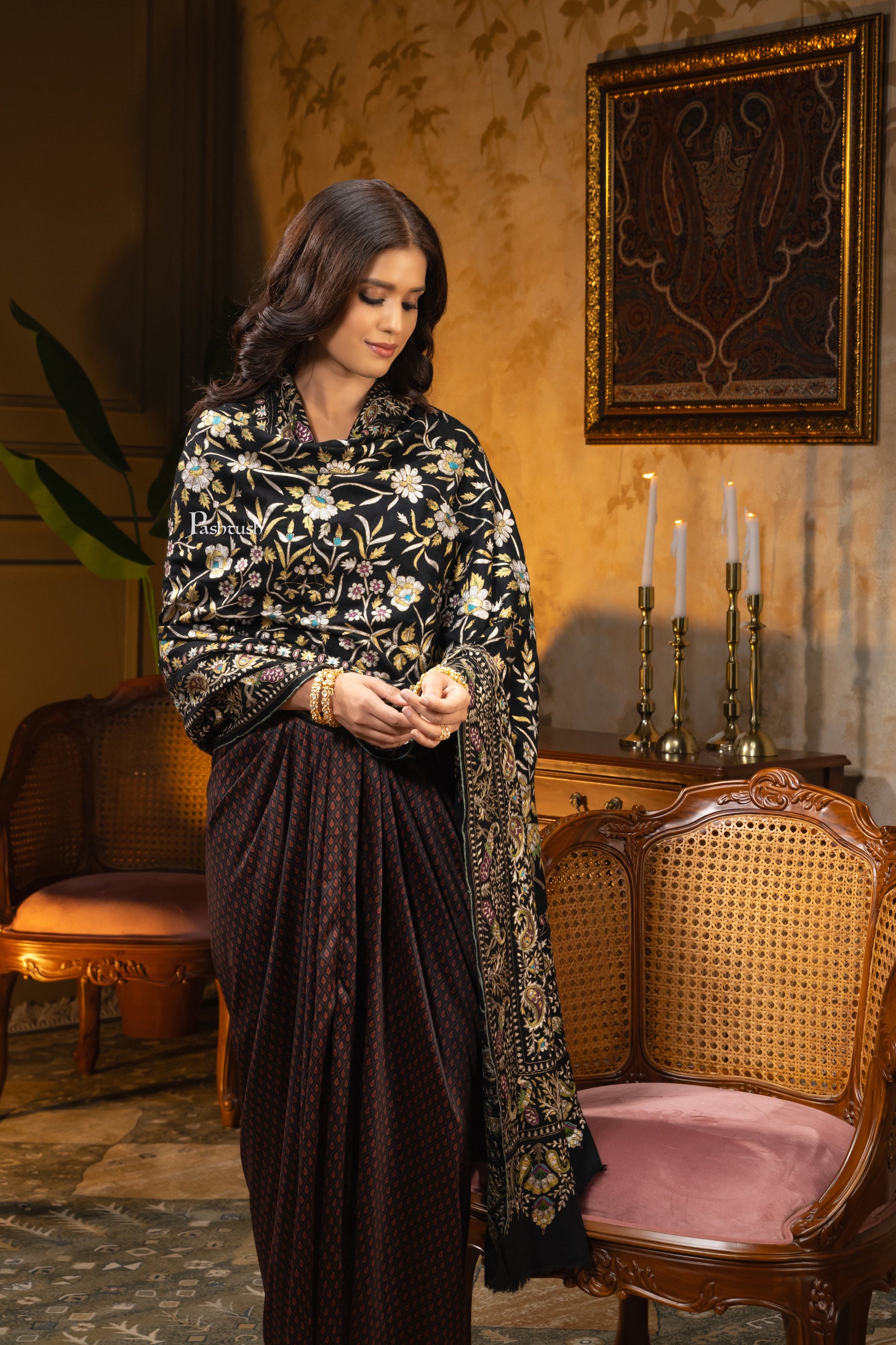 Pashtush India Womens Shawls PASHTUSH WOMENS PASHMINA SHAWL, KASHMIRI TILLA WORK, HANDLOOM, MULTICOLOURED