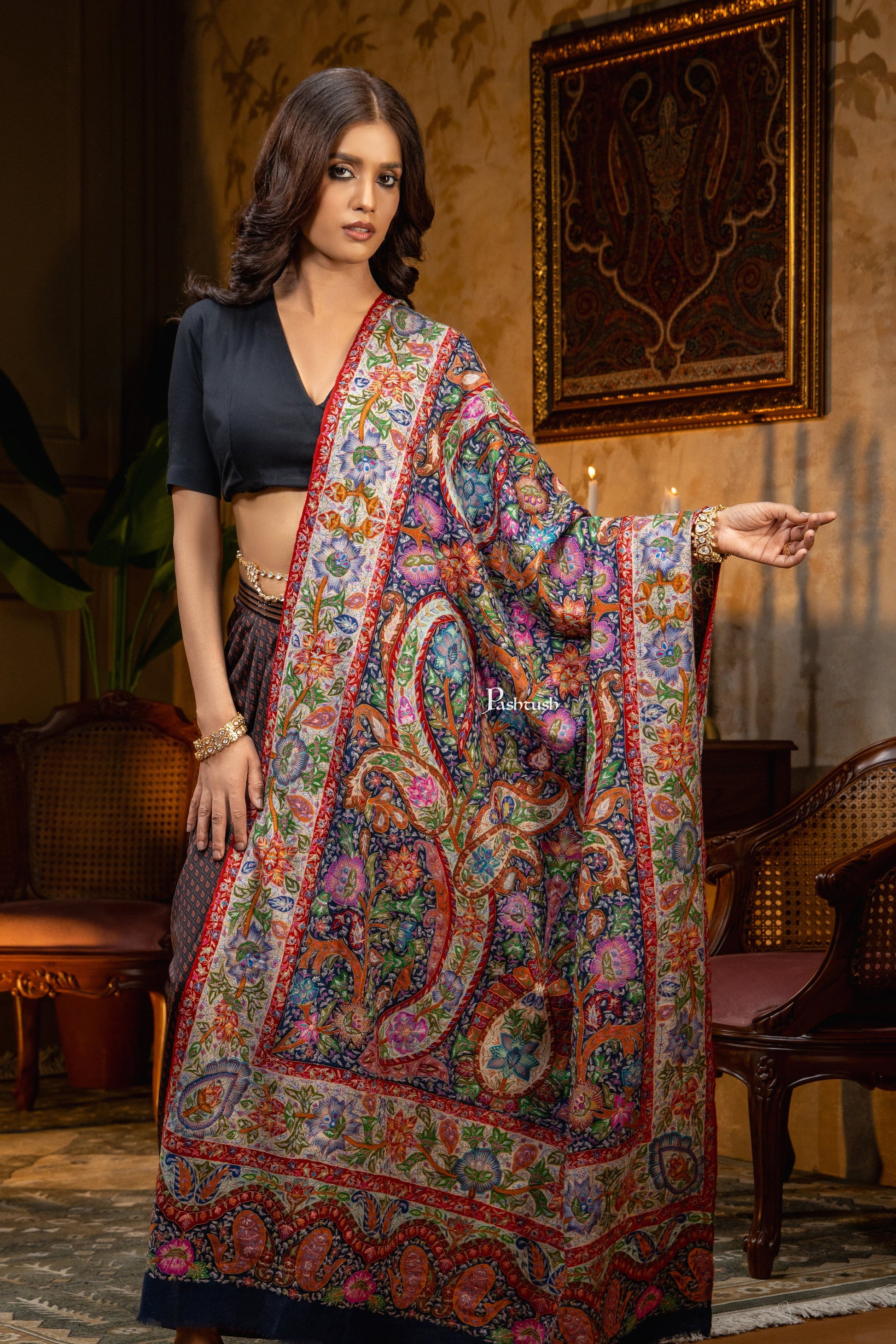 Pashtush India Womens Shawls Pashtush Womens Pashmina Shawl, Multicoloured Kalamkari, Hand Painted, Woven, Embroidered with Ombre