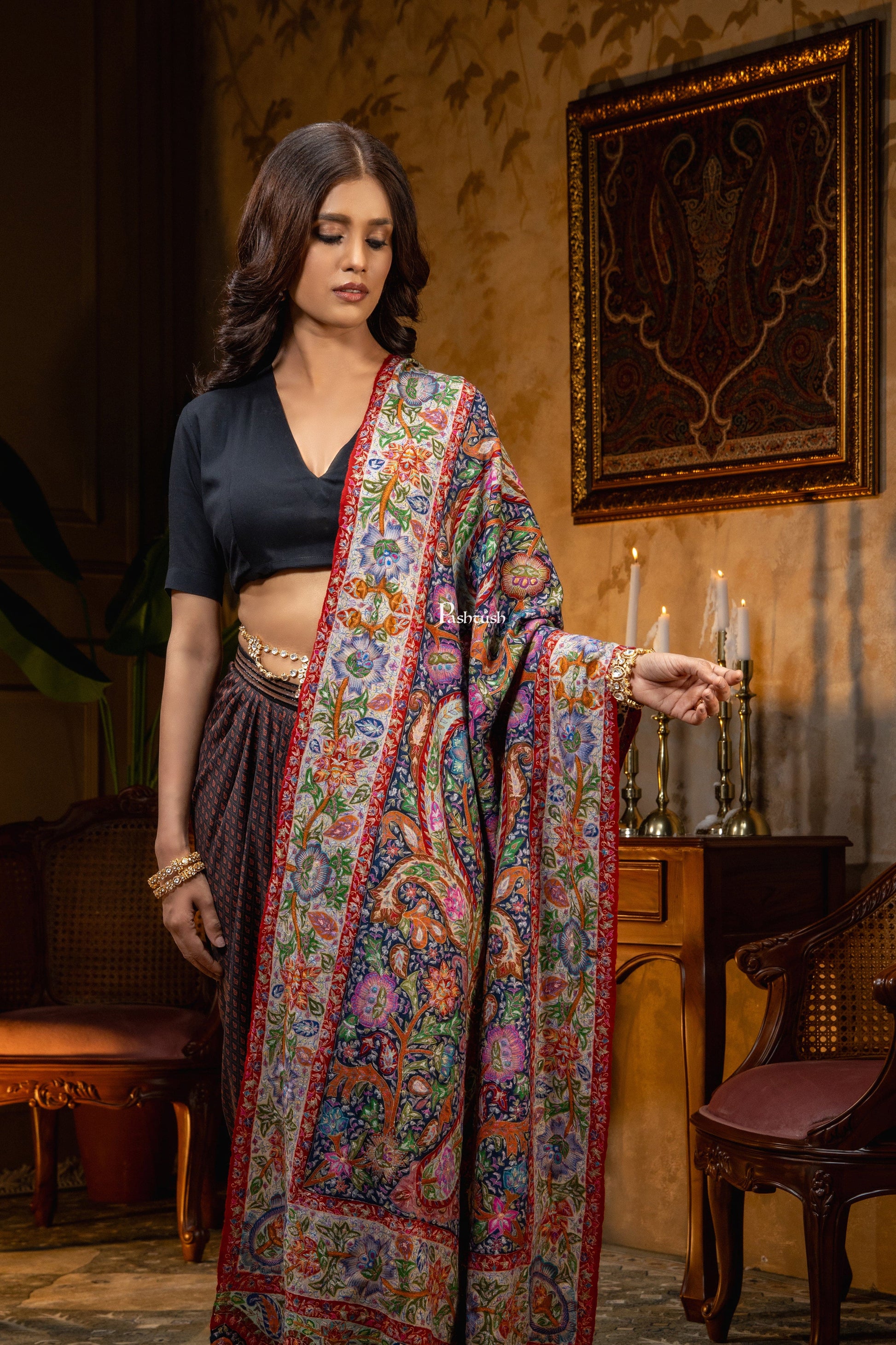 Pashtush India Womens Shawls Pashtush Womens Pashmina Shawl, Multicoloured Kalamkari, Hand Painted, Woven, Embroidered with Ombre
