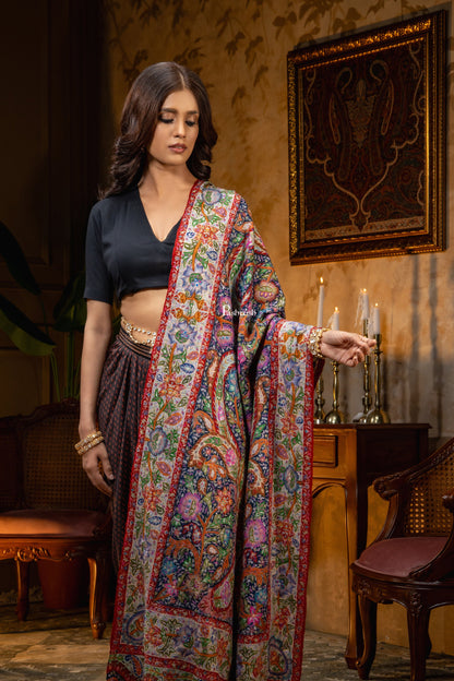 Pashtush India Womens Shawls Pashtush Womens Pashmina Shawl, Multicoloured Kalamkari, Hand Painted, Woven, Embroidered with Ombre