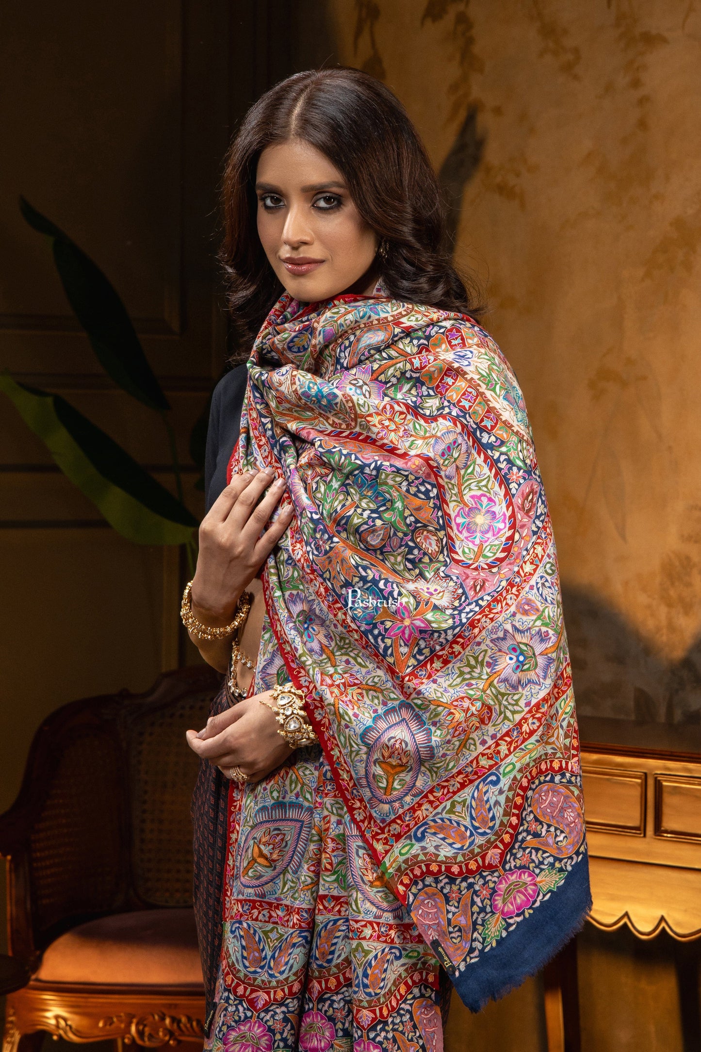 Pashtush India Womens Shawls Pashtush Womens Pashmina Shawl, Multicoloured Kalamkari, Hand Painted, Woven, Embroidered with Ombre