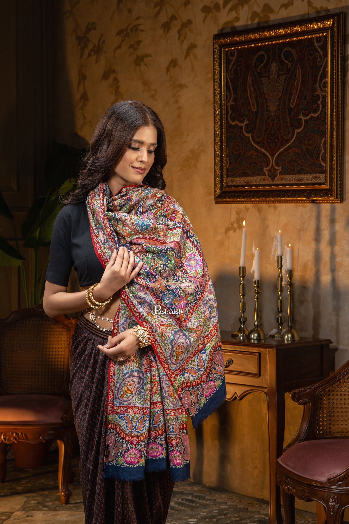Pashtush India Womens Shawls Pashtush Womens Pashmina Shawl, Multicoloured Kalamkari, Hand Painted, Woven, Embroidered with Ombre