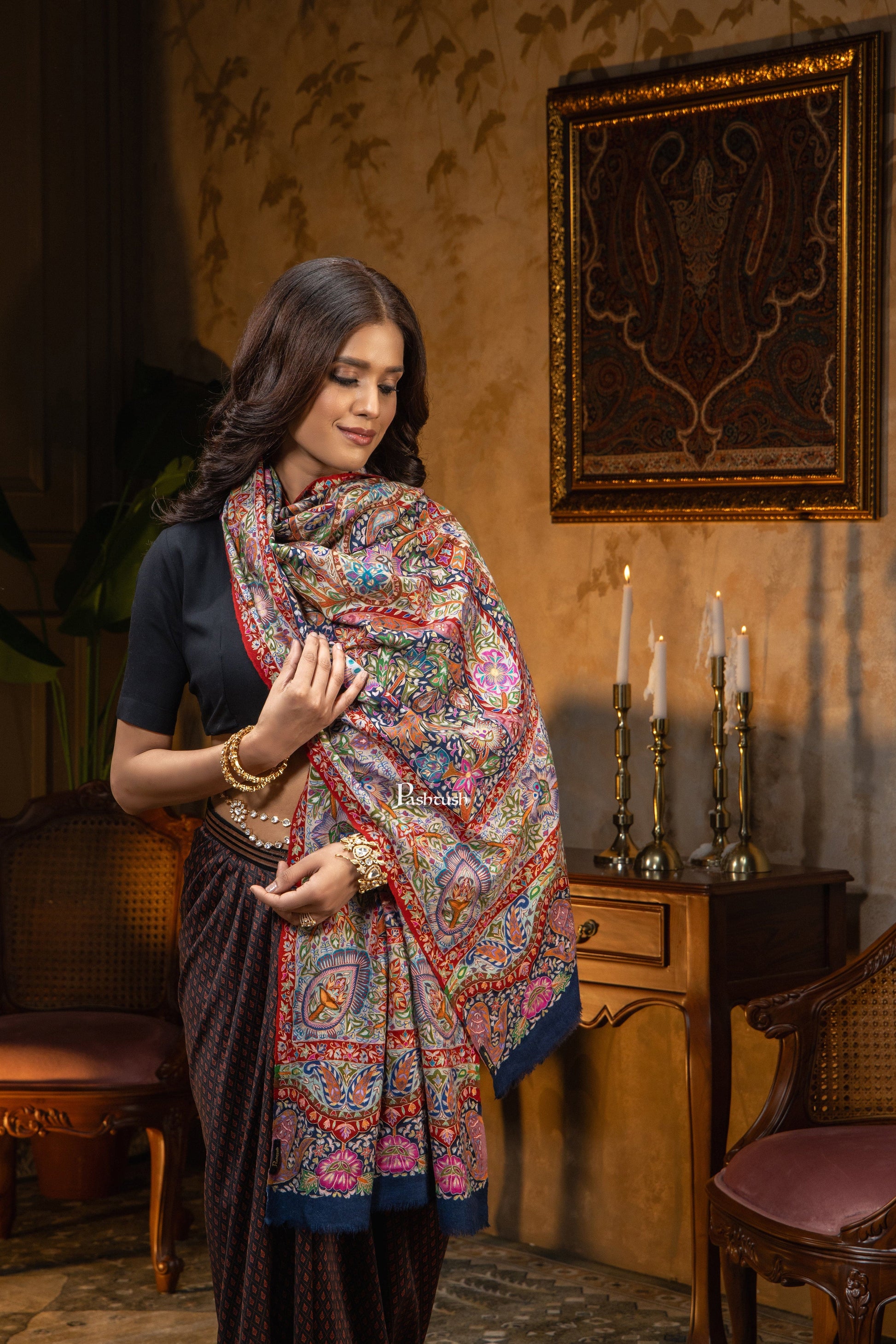 Pashtush India Womens Shawls Pashtush Womens Pashmina Shawl, Multicoloured Kalamkari, Hand Painted, Woven, Embroidered with Ombre