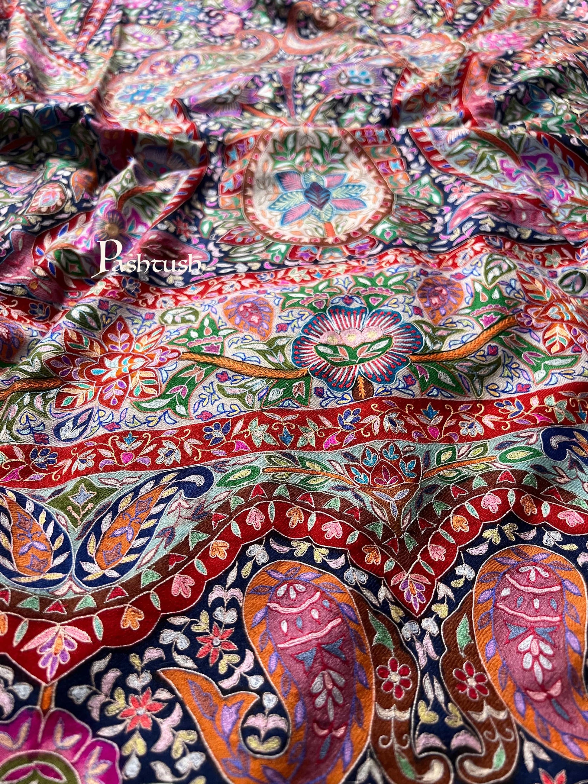 Pashtush India Womens Shawls Pashtush Womens Pashmina Shawl, Multicoloured Kalamkari, Hand Painted, Woven, Embroidered with Ombre