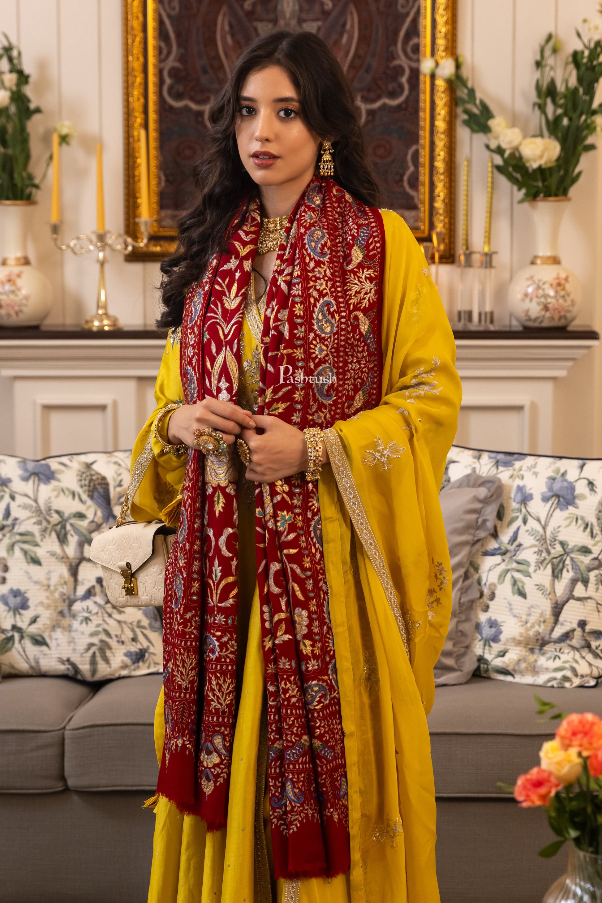 Pashtush India Womens Shawls Pashtush Womens Pashmina Shawl, With Kashmiri Tilla Embroidery, Hand Woven, hand Embroidered