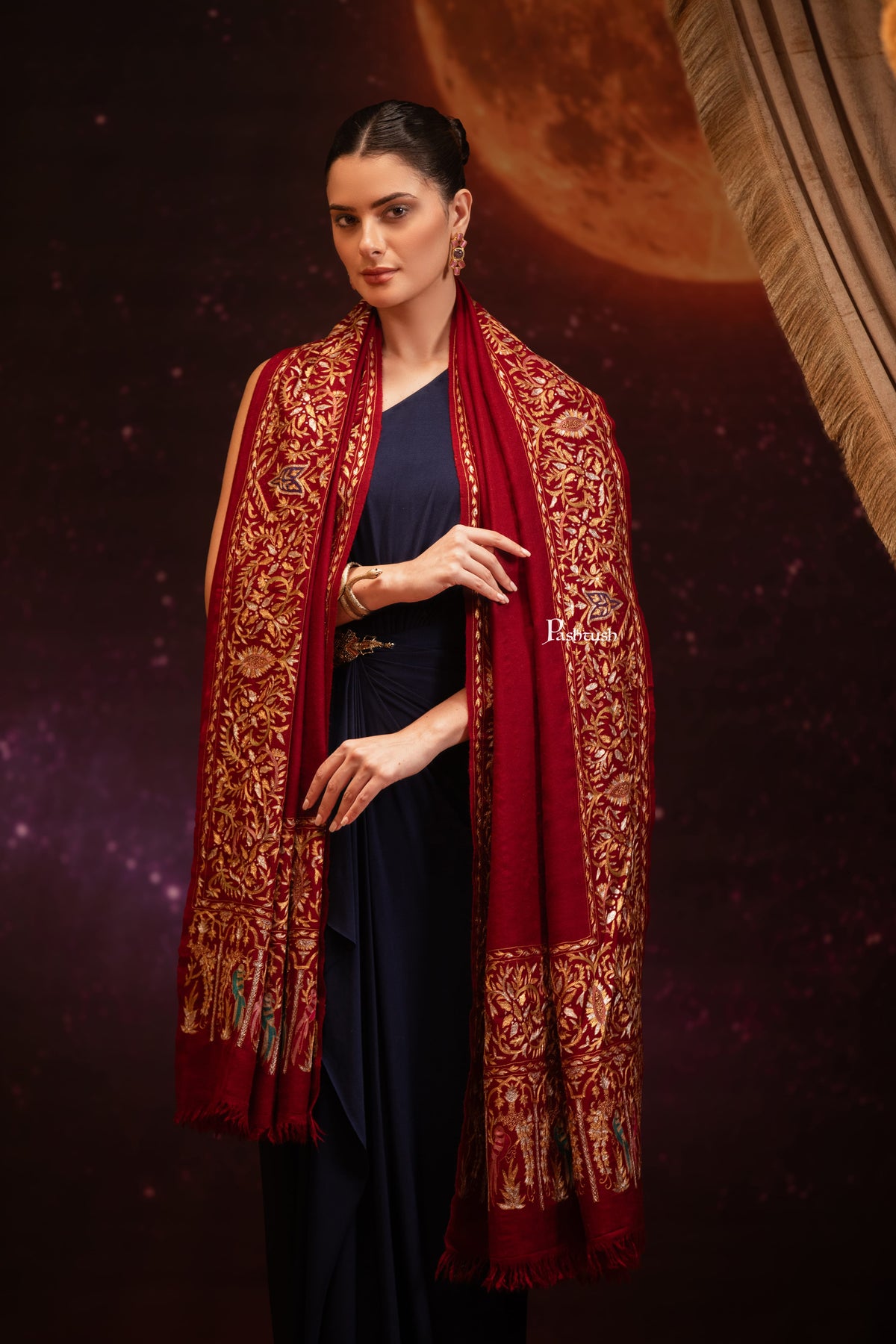 Pashtush India Womens Shawls Pashtush Womens Pashmina Stole, Kashmiri Tilla Work, Handloom, Maroon