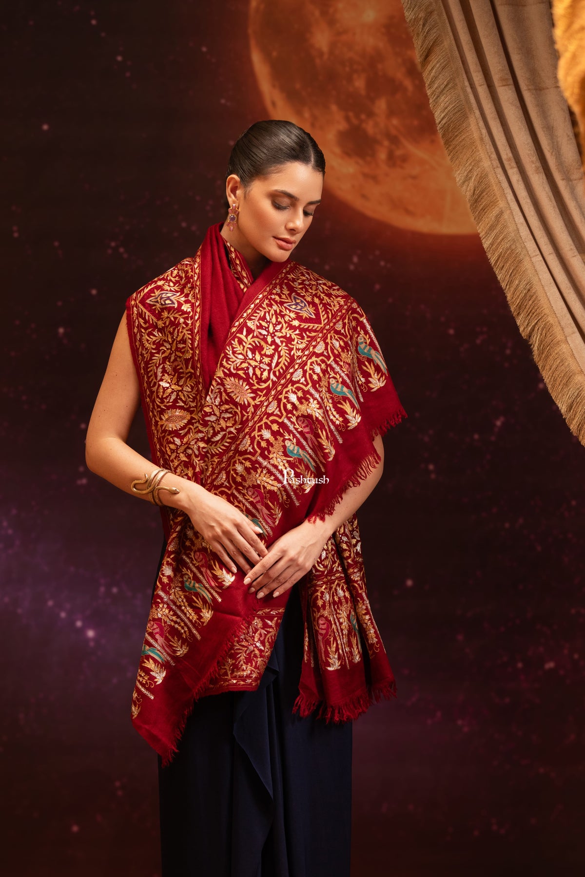 Pashtush India Womens Shawls Pashtush Womens Pashmina Stole, Kashmiri Tilla Work, Handloom, Maroon