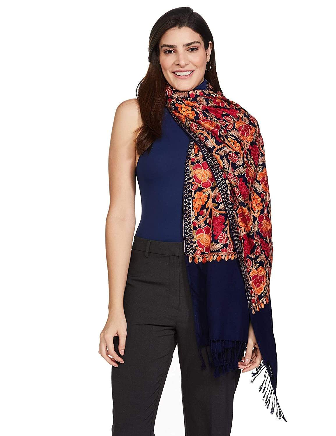 Pashtush India 70x200 Pashtush Womens Peruvian Roses Scarf, Embroidery Stole, Soft and Warm