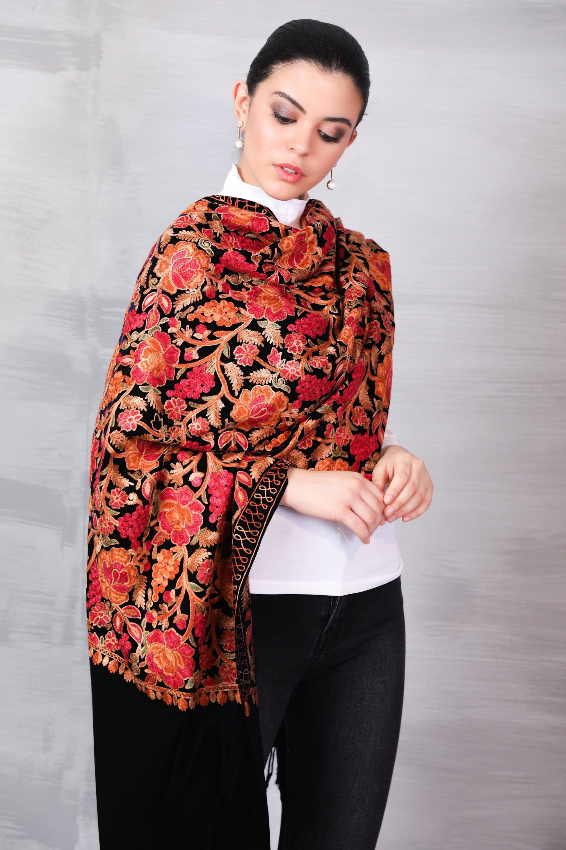 Pashtush India Womens Stoles and Scarves Scarf Pashtush Womens Peruvian Roses Scarf, Embroidery Stole, Soft And Warm - Black