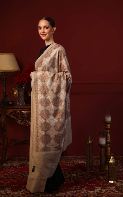 Pashtush India 70x200 Pashtush Womens Pure Fine Woollen, Silky Nalki Embroidery Needlework Stole, White