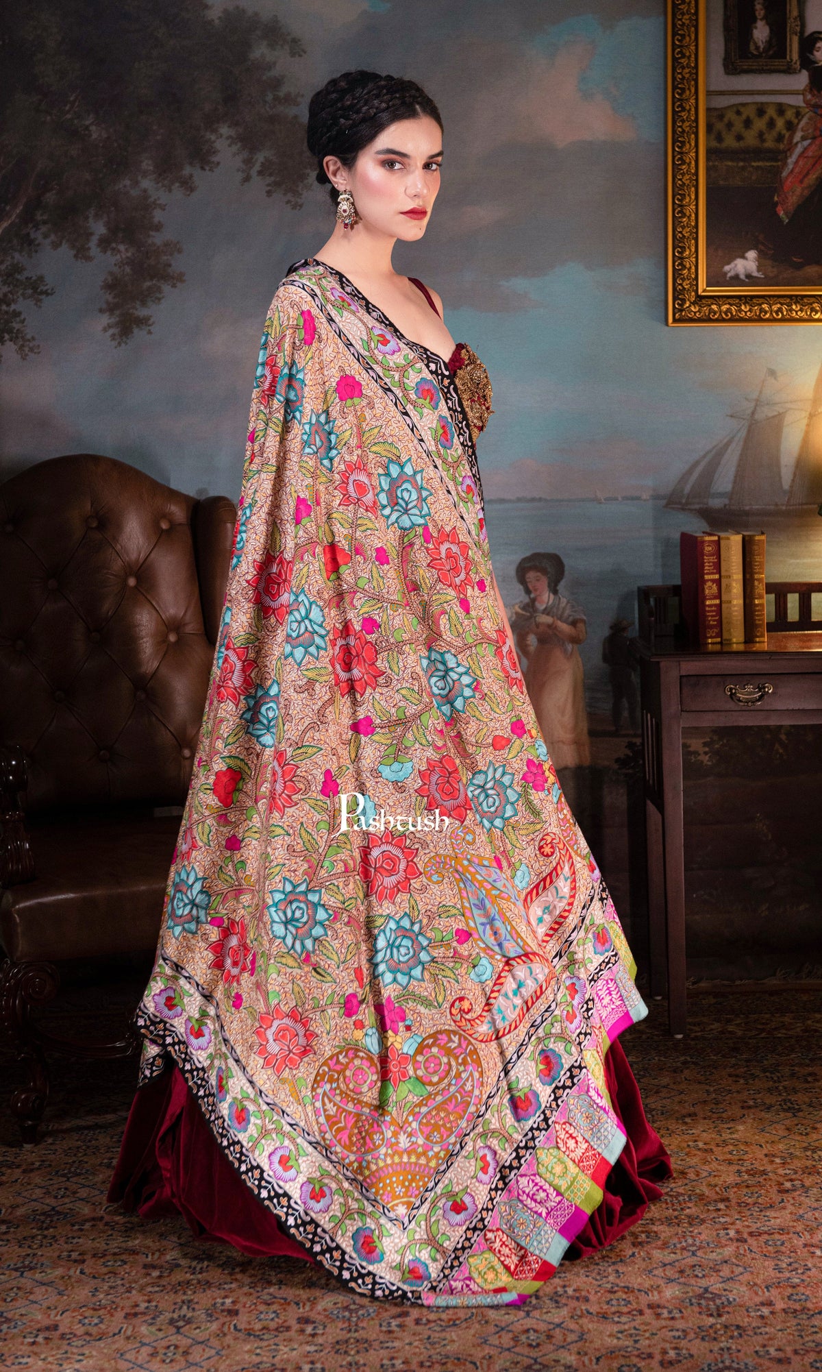 Pashtush India Womens Shawls Pashtush Womens Pure Pashmina, Hand Embroidered Hand Painted Kalamkari Shawl, Multicoloured