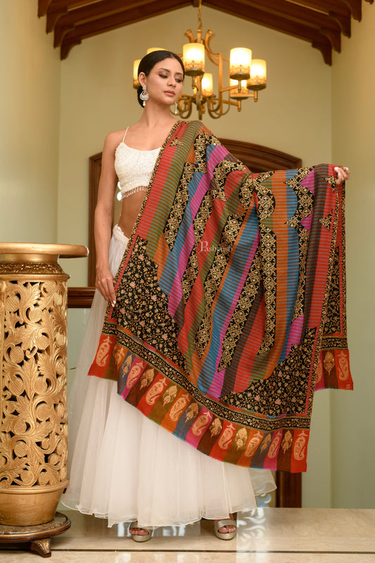 Pashtush India Womens Shawls Pashtush Womens Pure Pashmina, Hand Woven, Sozni Hand Embroidered  Stripe Design Shawl, Multicoloured